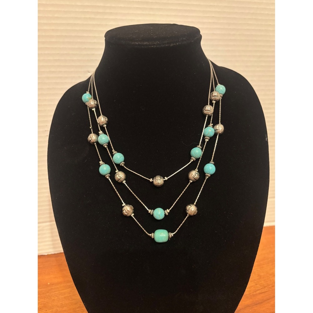 Multi Strand Faux Turquoise Layered Necklace Silver Tone Boho Southwestern Bead